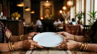 Mature woman with dark skin tone wearing gold bangles holds empty white plate at wooden table in upscale restaurant setting with blurred diners and warm lighting in background.