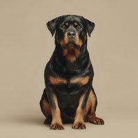 Purebred Rottweiler dog sitting against neutral beige background, showing distinctive black and tan markings, powerful build and alert expression.