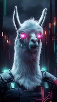 Futuristic llama with glowing pink digital eyes and cybernetic armor against dark urban backdrop with neon lights. Perfect for sci-fi gaming concepts.