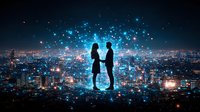 Romantic silhouette of couple holding hands against night cityscape with magical glowing blue particles and bokeh lights creating dreamy atmosphere.