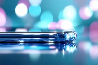 Modern smartphone edge with curved glass display against blurred blue and pink bokeh background, showcasing contemporary mobile technology design.