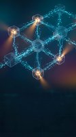 Blockchain network visualization with glowing nodes and digital connections representing cryptocurrency technology and distributed ledger systems.