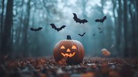 Glowing carved pumpkin in misty autumn forest with flying bats and fallen leaves creating spooky Halloween atmosphere in dark moody woods.