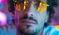 Young Hispanic man wearing yellow-tinted sunglasses in neon lighting, close up portrait showing partial face with mustache and beard stubble against blurred bokeh background.
