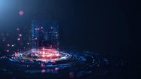 Futuristic digital city emerging from glowing circular platform with neon lights and floating particles against dark background, creating cyberpunk atmosphere.