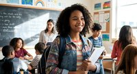 Happy African American teenage student with curly hair smiling in classroom holding tablet with diverse classmates studying in background at school.