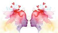 Watercolor silhouettes of two faces in profile with hearts and floral elements, symbolizing love, romance and emotional connection on white background.