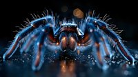 Close-up of hairy tarantula spider with blue and orange coloration against dark background with bokeh effect, showcasing detailed legs and body structure.