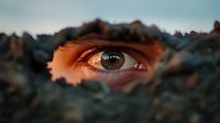 Close-up macro shot of human eye with brown iris seen through torn paper hole, dramatic lighting creates mysterious atmosphere for conceptual photography.