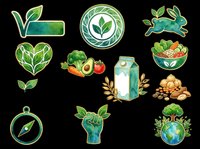 Watercolor vegan and eco lifestyle sticker set isolated on transparent background, ready for T-shirts, print on demand, clipart, and sublimation design use.