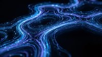 Abstract blue flowing energy waves with glowing particles creating dynamic swirls and curves against dark background for digital art and technology designs.