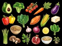 Assorted fresh vegetables, fruits, and grains isolated on transparent background. Includes avocado, broccoli, tomatoes, carrot, eggplant, peppers, sweet potato, corn, cheese, asparagus, mushrooms, garlic, onion, pomegranate, lemon, spinach, and grain bowls. Ready for clipart, t-shirt design, print-on-demand, sublimation, and sticker applications.