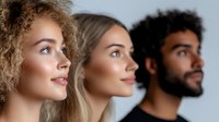 Three diverse young professionals looking up with hope and ambition in modern office setting for business teamwork and career growth concepts.