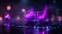Glowing purple liquid in two glasses creates magical atmosphere with bokeh lights and sparkles against dark background. Mixology concept for bars and events.