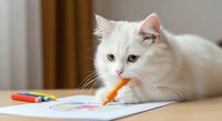 White fluffy cat with green eyes holding orange pencil while drawing on paper with colorful markers nearby on wooden table, playful pet creative concept.