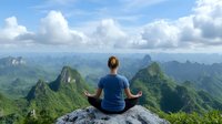 Young woman in blue shirt meditating on mountain peak overlooking dramatic green mountain landscape with steep cliffs and valleys under white clouds in blue sky.