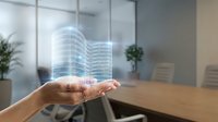 Businessman holding holographic building projection in modern office workspace with glass walls and plants.