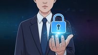 Professional businessman holding glowing digital security lock icon representing cybersecurity, data protection and network safety solutions.