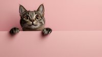 Curious gray tabby cat peeking over white edge against pink background, paws visible, looking up with big eyes. Playful pet portrait for animal care and veterinary services.