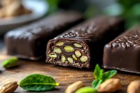 Dark chocolate candy bars with pistachio nuts filling cut to show cross section on wooden background with fresh green leaves and whole nuts.