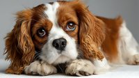 Adorable Cavalier King Charles Spaniel puppy with expressive brown eyes lying down, showcasing fluffy coat and gentle expression for pet care content.
