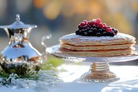 Stack of fluffy pancakes topped with fresh red currants and blackberries on elegant cake stand, silver teapot nearby, winter holiday breakfast setting with bokeh lights.