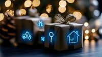 Gift box with glowing blue neon insurance icons floating above on dark background with bokeh lights and pine cones, concept of holiday protection services.