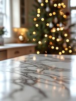 Marble kitchen counter with blurred Christmas tree and golden bokeh lights in background creating festive holiday atmosphere in modern home interior.