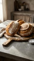 Freshly baked artisan sourdough bread loaves with decorative wheat pattern on rustic wooden cutting board in cozy kitchen setting for bakery marketing.