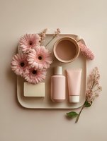 Pink cosmetic products arranged on beige tray with gerbera flowers and dried plants for spa beauty skincare routine flat lay composition.