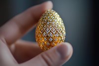 Ornate golden egg with diamond pattern held between fingers against blurred background, showcasing intricate metalwork and luxury craftsmanship detail.