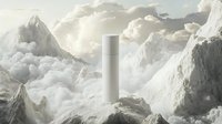 White cosmetic bottle mockup on snowy mountain peak surrounded by dramatic clouds and sunlight, minimalist luxury skincare packaging presentation.