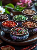 Colorful assortment of dried chili peppers, spices and seasonings in decorative ceramic bowls on wooden tray, close up view of Asian cooking ingredients.
