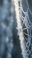 Delicate frost crystals forming intricate patterns on spider web with soft bokeh background creating magical winter morning atmosphere.