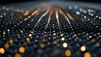 Abstract golden light rays streaming through dark space with bokeh particles creating magical atmosphere for luxury backgrounds and digital designs.