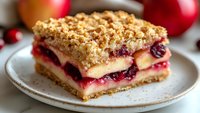 Layered dessert with fresh cranberries and apples topped with golden crumble on white plate. Close up view of homemade fruit pastry slice with red berry filling.
