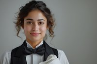 Young South Asian female server in formal attire with black bow tie and white shirt smiling warmly at camera against neutral gray background, professional hospitality portrait.