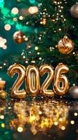 Gold foil number balloons 2026 against decorated Christmas tree with festive green and gold holiday celebration atmosphere.