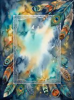 Ornate decorative frame with feathers and celestial watercolor background, isolated on white space for design projects, posters, and creative layouts.