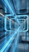Futuristic data center with glowing blue light trails and server racks showcasing high-tech digital infrastructure and cloud computing technology.