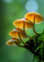 Glowing orange mushrooms growing in line on mossy tree trunk against blurred green forest background, showcasing delicate gill patterns and natural lighting.