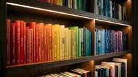 Colorful books arranged by rainbow spectrum on wooden shelves with LED lighting creating organized library display for education and reading concepts.