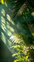 Sunlight streaming through palm leaves casting dramatic shadows on green wall, creating natural light and shadow play for tropical interior design.