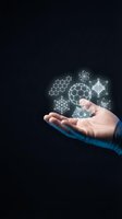Businessman hand holding glowing molecular structures and scientific formulas on dark background for technology and innovation concepts.