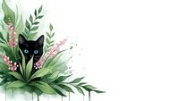 Black cat peeking through lush green foliage with pink flowers on white background. Watercolor style pet illustration for greeting cards and designs.