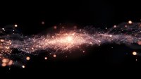 Magical glowing particles and light trail effect on black background creating cosmic atmosphere with sparkles and bokeh lights for festive design.