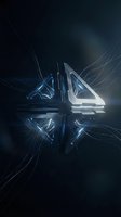 Futuristic glowing geometric crystal shape with luminous blue and white light rays on dark background, suitable for tech and sci-fi designs.