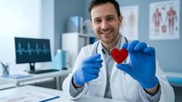 Smiling male doctor in white coat and blue gloves holding red heart symbol in modern medical office with computer and anatomical charts on wall.