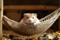 Adorable hamster relaxing in tiny rope hammock surrounded by autumn leaves, close up portrait of small pet rodent in cozy home setting.