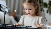 Young Caucasian girl in white dress playing digital piano keyboard at home, focused expression while practicing music, soft natural lighting creates cozy atmosphere.